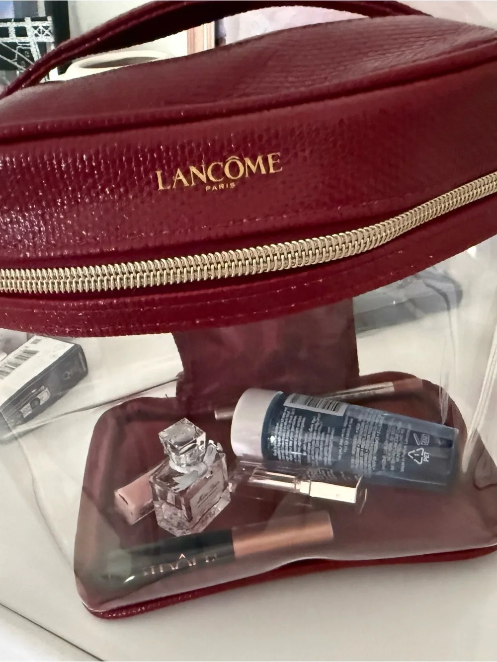 Lancôme Burgundy and Gold Clear Cosmetic Case